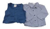 2set- tmavomodrá plátěná vesta+ kostkovaná košile 