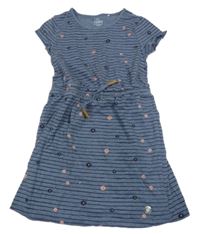 Modro-šedé pruhované šaty s květinami a šňůrkami v pase Topolino