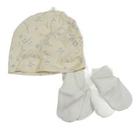 Nové - 3 set - 2x bílé rukavičky + smetanová vzorovaná čepice 