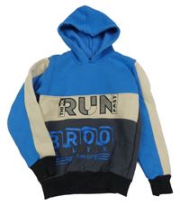 Modro-béžovo-tmavošedá mikina s nápisem a kapucí 