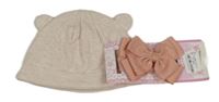 Nové - 2set - Světlerůžová žebrovaná čepice + růžová čelenka s mašlí 