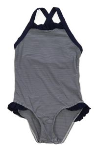 Tmavomodro-šedé pruhované jednodílné plavky s volánky Petit Bateau