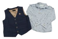 2set - Světlemodrá proužkovaná halenka s auty + tmavomodrá kostkovaná vesta Next