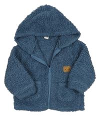 Modrý huňatý kabátek s medvídkem a kapucí Shein