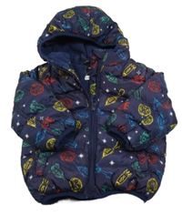 Tmavomodrá šusťáková prošívaná zimní bunda s vesmírem a kapucí Crafted 