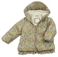 Smetanová šusťáková zimní bunda s kytičkami a kapucí Next