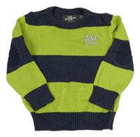 Tmavomodro-limetkový pruhovaný svetr s nápisem H&M