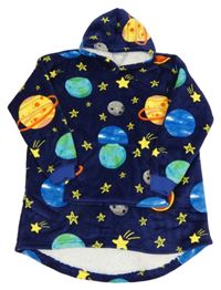 Tmavomodrá chlupatá zateplená oversize mikina s vesmírem a kapucí 