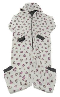 Bílo-šedo-růžová srdíčkovaná fleecová kombinéza s kapucí Pepperts