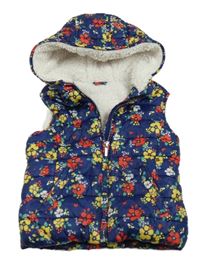 Tmavomodrá prošívaná šusťáková zateplená vesta s kytičkami a kapucí Mothercare