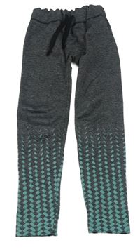 Tmavošedo-světletyrkysové melírované thermo crop legíny se vzorem