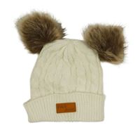 Smetanová žebrovaná vzorovaná pletená čepice s nášivkou a bambulemi 