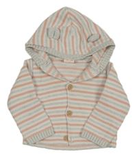 Růžovo-světlešedo-bílý pruhovaný propínací svetr s kapucí s oušky HEMA