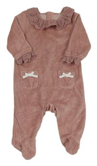 Starorůžový sametový overal s mašličkami a volánkem s madeirou Matalan