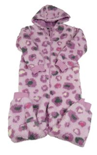 Růžová vzorovaná huňatá kombinéza s kapucí St. Bernard