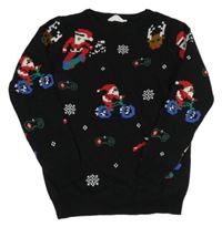 Černý vánoční svetr se Santy a soby PRIMARK