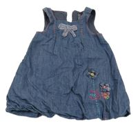 Modré riflové balonové podšité šaty s mašlí a kytičkami ORCHESTRA