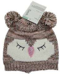 Nové - hnědo-starorůžová melírovaná pletená čepice s bambulemi - sovička 