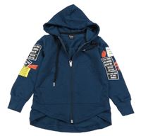 Tmavopetrolejová propínací mikina s nápisy a kapucí 