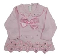 Světlerůžové triko se srdíčky a kamínky a mašlí a límečkem