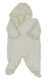 Bílá sametová zateplená kombinéza s medvídky a kapucí s oušky C&A