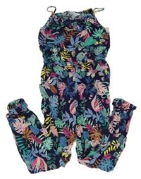 Tmavomodrý kalhotový overal s lístečky a motýlky H&M