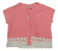 Růžová žebrovaná propínací svetrová vesta s bílými krajkovými květy Tu