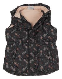 Černošedá prošívaná šusťáková zateplená vesta s kočičkami a srdíčky a volánky Topolino