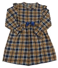 Hnědo-tmavomodro-pudrové kostkované šaty s mašlí a volánky SHEIN