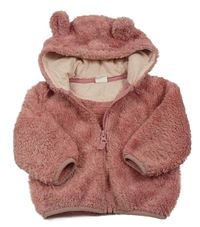Starorůžová chlupatá propínací mikina s kapucí s oušky Next