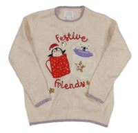 Světlerůžový svetr s tučňákem a medvědem