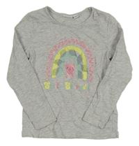 Šedé melírované triko s kočkou a duhou