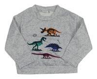 Šedá melírovaná lehká mikina s kostrami dinosaurů
