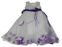 Bílo-fialové slavnostní šaty s květinou a páskem