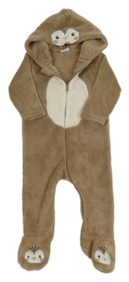 Hnědo-bílá chlupatá kombinéza s kapucí - tučňák Orsolino