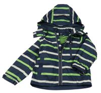 Tmavomodro-zeleno-béžová pruhovaná šusťáková jarní bunda s kapucí Pocopiano