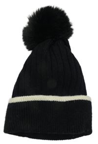 Černá vlněná čepice s pruhem a bambulí