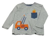 Šedé melírované triko s hasičským autem a kapsou Alana