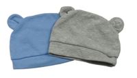 2x čepice s oušky - šedá melírovaná + modrá