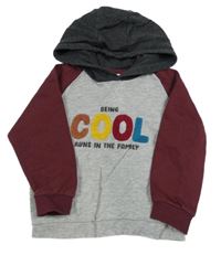 Šedo-vínovo-tmavošedá mikina s nápisem a kapucí Matalan