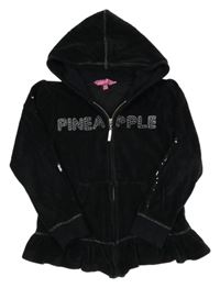 Černá sametová propínací mikina s nápisem z kamínků a kapucí Pineapple