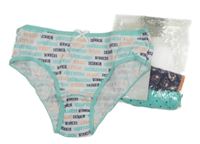 Nové - 3x kalhotky - bílé s nápisy + tmavomodré s nápisy + tyrkysové s hvězdami Primark