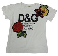 Bílé tričko s růžemi a nápisem Dolce&Gabbana