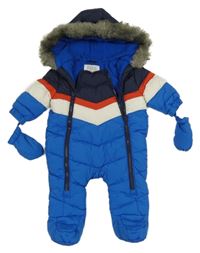 Modro-tmavomodro-bílá šusťáková zimní kombinéza s kapucí + rukavice F&F