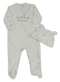 Nové - 2 set - bílý overal s obrázky a nápisem + čepice Next