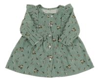 Zelené žebrované sametové propínací šaty s květinami a volánky 