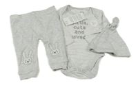 Nové - 3 set - šedé tepláky s králíky + šedé pruhované body s nápisem + šedá čepice F&F