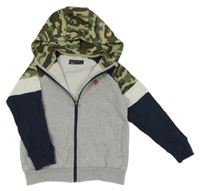 Šedo-tmavomodro-bílo-khaki army propínací mikina s kapucí Next