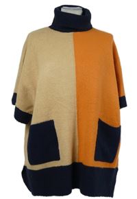 Dámské oranžovo-tmavomodro-béžové svetrové pončo s rolákem 
