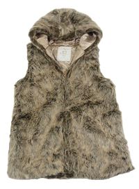 Hnědo-béžová kožešinová zateplená vesta s kapucí Tu
